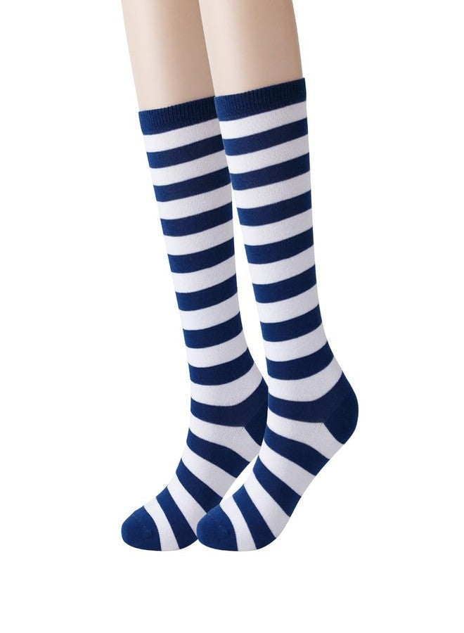 Cerebro Knee High Socks for Kids Stripes Girls Cotton Calf Athletic Tube Socks,SOCKS (1Pairs 6-10Y, 1Pairs dark blue) - Image 1