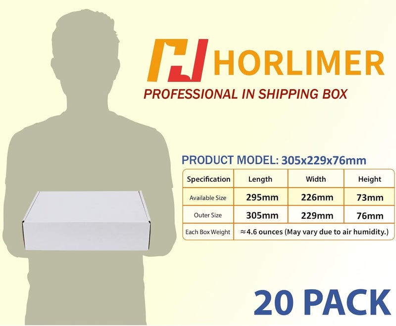 HORLIMER Pack of 20 Small Shipping Boxes, 305 x 229 x 76 mm Packaging Boxes with Lid for Goods Shipment, Gift Box, Folding Box, Postal Box (White) - Image 2