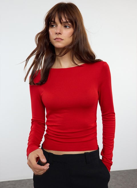 Red Viscose/Soft Fabric Fitted Gather/Drape Detail Boat Neck Flexible Knitted Blouse