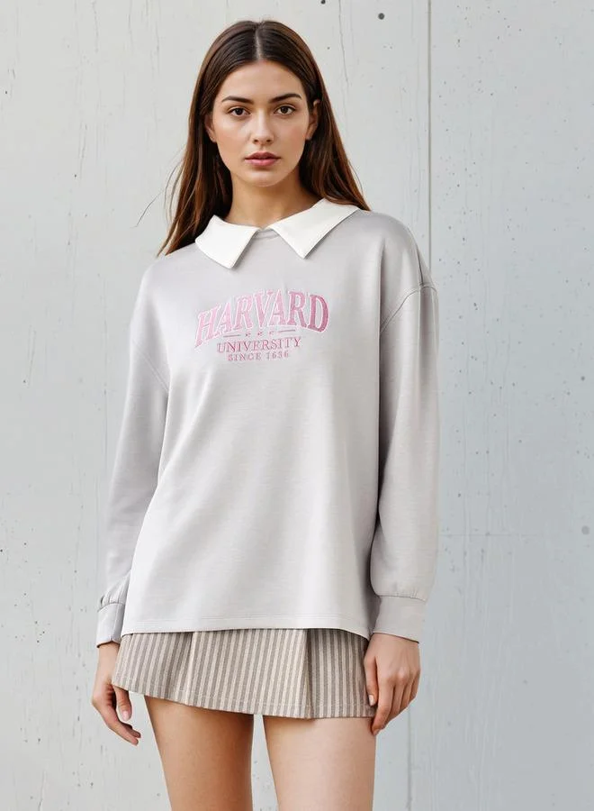 Harvard Embroidered Sweatshirt with Contrast Collar