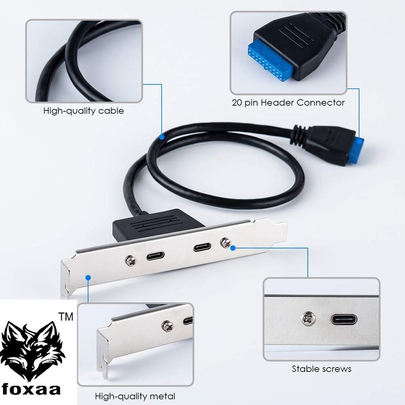 foxaa USB3.0 Motherboard 19/20Pin to Dual Ports Type-C USB-C Female PCI-E Back Panel 5Gbps High Speed Data Cable for Motherboards Computer 50cm - Image 2