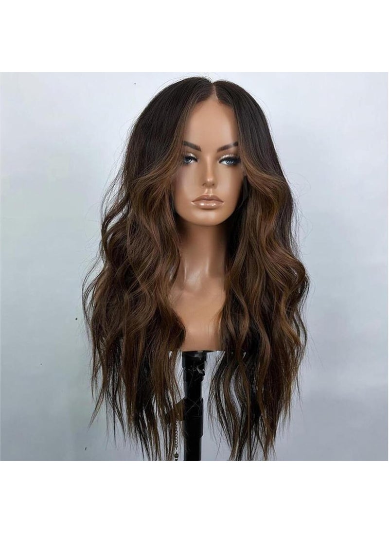 XCCOCO - xccoco Brown Highlight Wig Long Wavy Wigs for Women Natural Wavy Curly Synthetic Lace Front Wig Middle Part 26inch Heat Resistant Fiber Wig for Daily Party Use - Image 1
