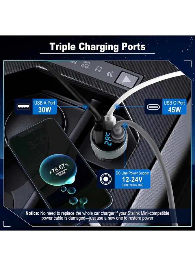 للمستقبل محول سيارة لجهاز Starlink Mini، شاحن سيارة 3 في 1 وكابل طاقة تيار مستمر مع محول ولاعة سجائر، شاشة عرض رقمية 12 فولت - 24 فولت، منافذ QC 3.0 30 واط و PD 45 واط، كابل 16AWG لملحقات السيارة (10 أقدام) - Image 4