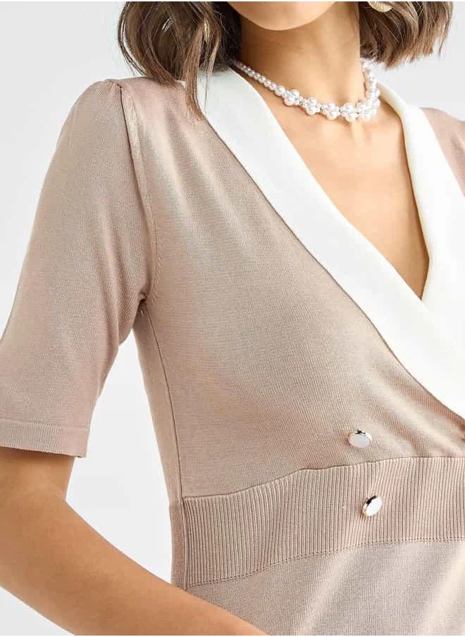 Splash FAV Shawl Neck Dress with Short Sleeves and Button Accent