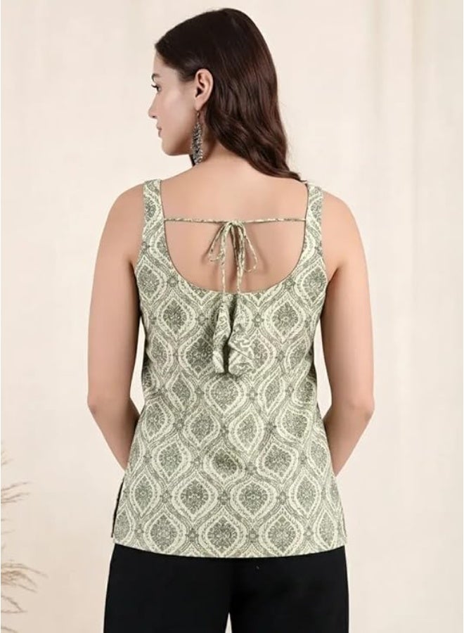 Pinkmint store Kurti for Women Printed Sleeveless Women's Kurti dress with Back Tie-Up | Cotton Blend Ethnic Fusion Women dress for Office Wear, Casual Wear, Beach College, Festive & Party Look L - Image 2