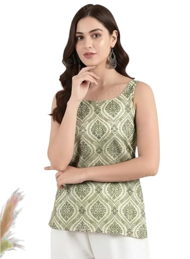 Pinkmint store Kurti for Women Printed Sleeveless Women's Kurti dress with Back Tie-Up | Cotton Blend Ethnic Fusion Women dress for Office Wear, Casual Wear, Beach College, Festive & Party Look L - Image 4
