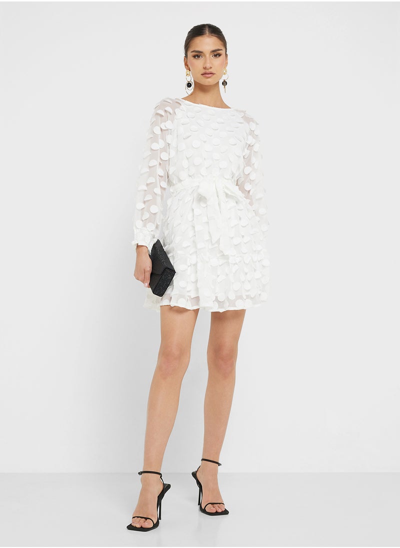 Ginger 3D Dobby Detail Fit N Flare Dress With Belt  - Image 1