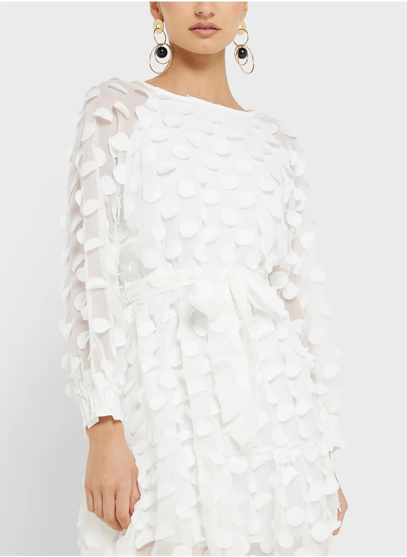 Ginger 3D Dobby Detail Fit N Flare Dress With Belt