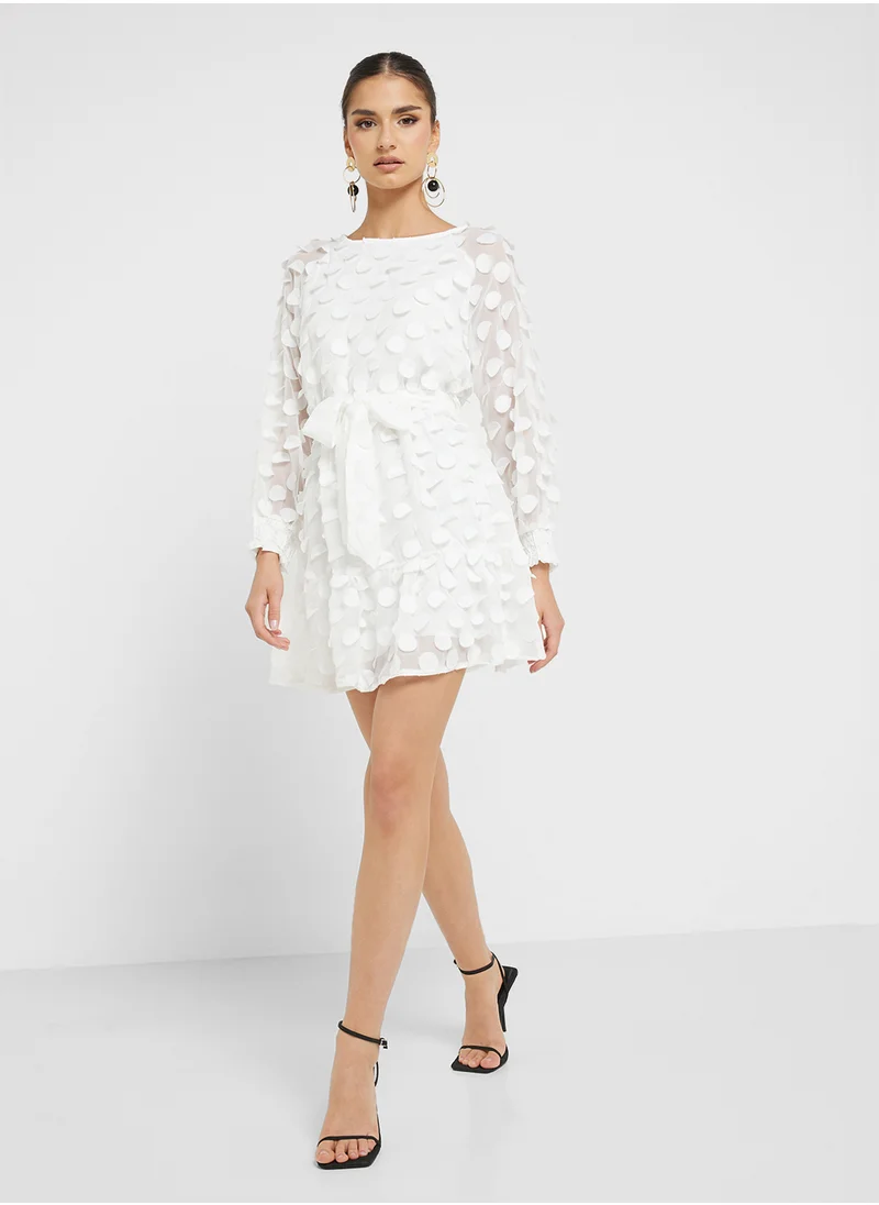 Ginger 3D Dobby Detail Fit N Flare Dress With Belt
