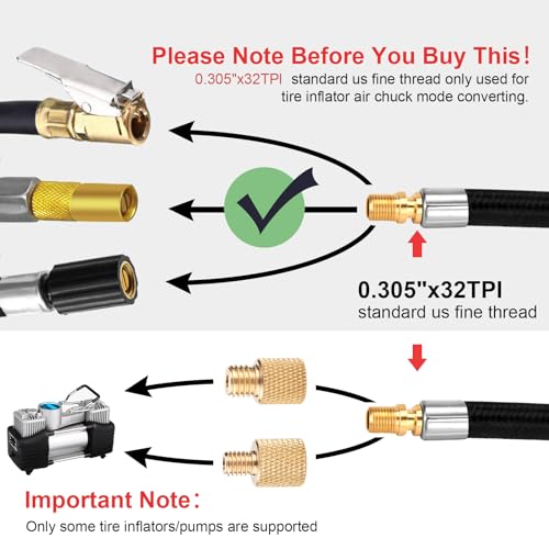 LUMITECO 31" Upgraded Lengthened Tire Inflator Hose Adapter &Converting Nuts, Lock On Air Chuck with Hose and Tire Schrader Valve Fine Thread, for tire pump's Twist On Convert to Lock On Connection - Image 3