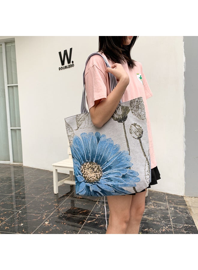 Matai Style Special Embroidered Fashion Women's Bag Ethnic Style Canvas Bag Shoulder Bag Large Capacity Handbag-Color:Blue Lotus  - Image 1