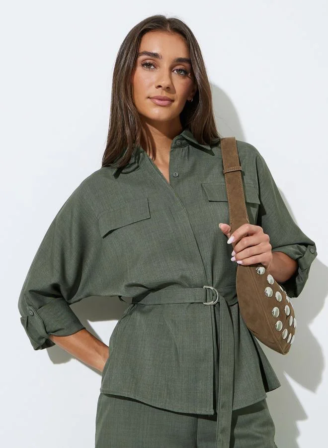 ستايلي Green Flap Pockets Long Sleeve Belted Shirt
