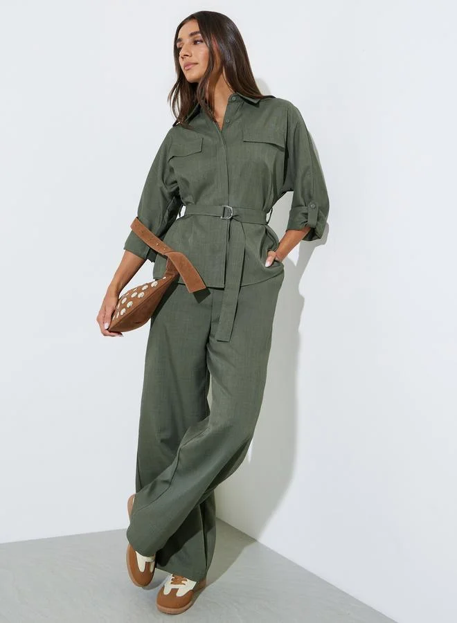 ستايلي Green Flap Pockets Long Sleeve Belted Shirt