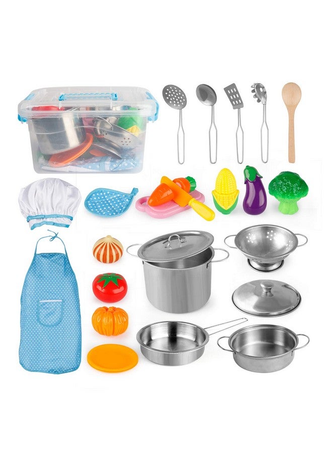 دي- فانتيكس مجموعة أدوات مطبخ اللعب من دي-فانتيكس، مجموعة أواني ومقالي لعب للأطفال مع ألعاب طبخ صغيرة من الفولاذ المقاوم للصدأ، أدوات طهي، مريلة وقبعة طاهٍ، تقطيع الطعام للأولاد والبنات الصغار - Image 1