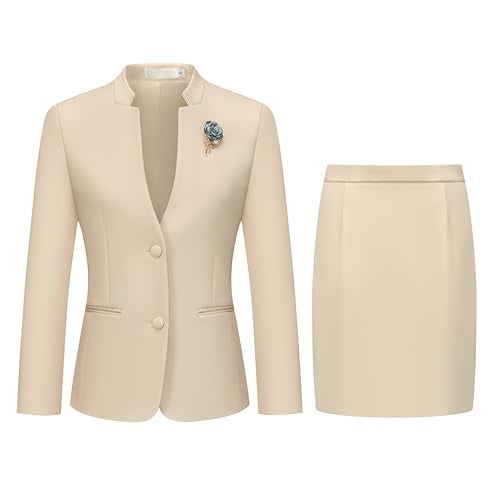 Kelyaa Women's 2 Piece Suit Skirt Set Business Office Work Blazer Jackets and Pencil Skirt with Slit Beige - Image 3