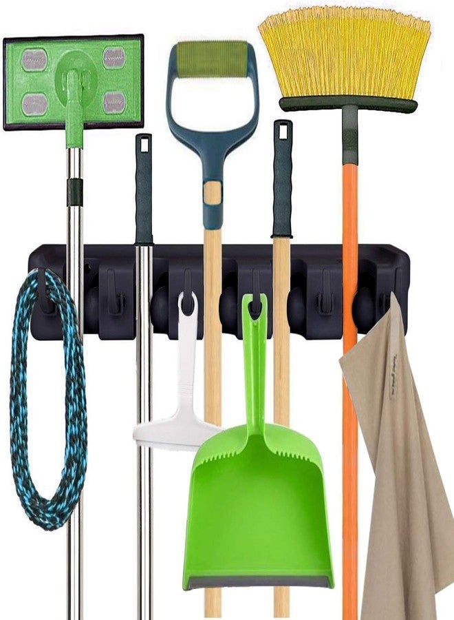 BAREPEPE Mop and Broom Holder Wall Mount Heavy Duty Broom Holder Wall Mounted or Tool Organizer For Home Garden Garage And Storage (5 Positions with 6 Hooks) (Black) - Image 3