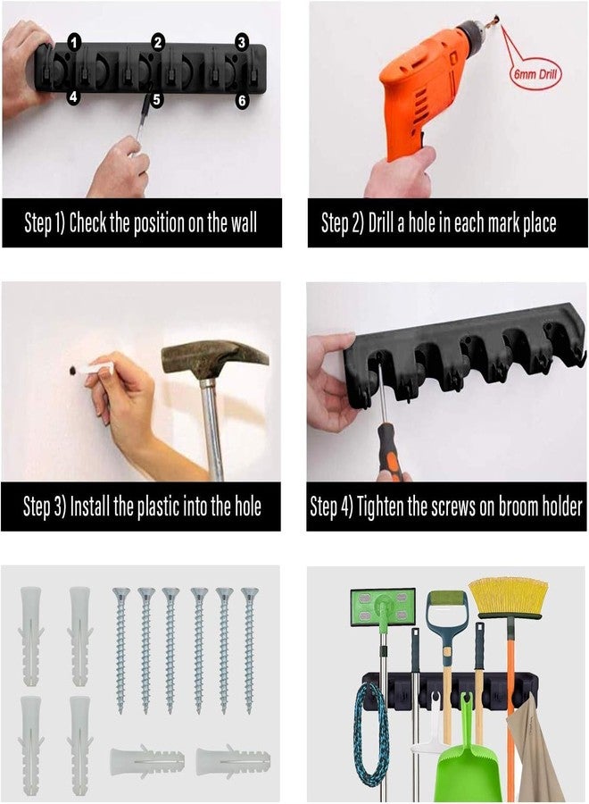 BAREPEPE Mop and Broom Holder Wall Mount Heavy Duty Broom Holder Wall Mounted or Tool Organizer For Home Garden Garage And Storage (5 Positions with 6 Hooks) (Black) - Image 5