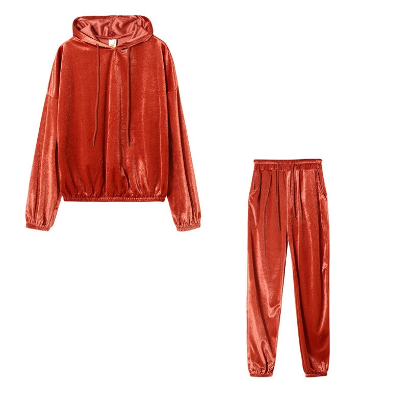 2024 European and American autumn and winter New Amazon womens clothing solid color gold velvet hooded long sleeve casual suit Rust red