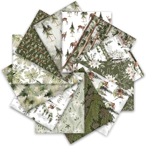 Whaline 12Pcs Christmas Watercolor Forest Cotton Fabric Bundles 18 x 22 Inch Green Christmas Tree Flower Deer Fat Quarter Xmas Quilting Patchwork for DIY Handmade Sewing Crafting - Image 1