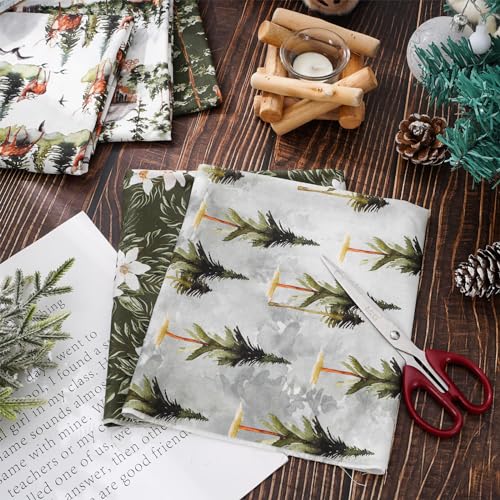 Whaline 12Pcs Christmas Watercolor Forest Cotton Fabric Bundles 18 x 22 Inch Green Christmas Tree Flower Deer Fat Quarter Xmas Quilting Patchwork for DIY Handmade Sewing Crafting - Image 4