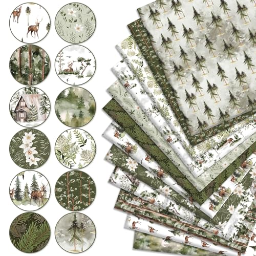 Whaline 12Pcs Christmas Watercolor Forest Cotton Fabric Bundles 18 x 22 Inch Green Christmas Tree Flower Deer Fat Quarter Xmas Quilting Patchwork for DIY Handmade Sewing Crafting - Image 3