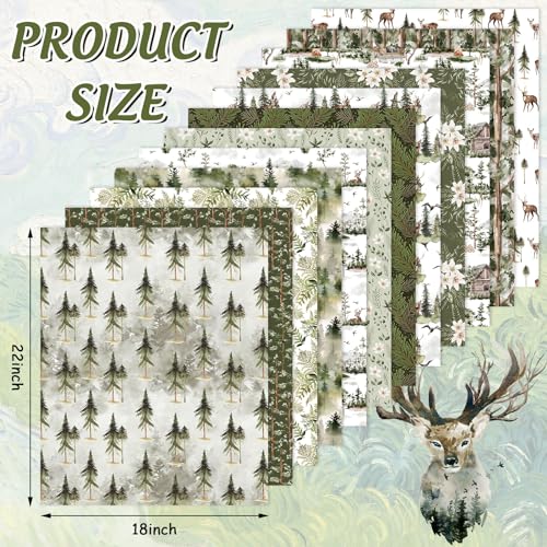 Whaline 12Pcs Christmas Watercolor Forest Cotton Fabric Bundles 18 x 22 Inch Green Christmas Tree Flower Deer Fat Quarter Xmas Quilting Patchwork for DIY Handmade Sewing Crafting - Image 2