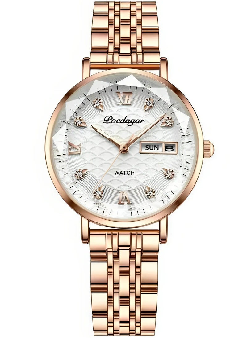 پوداجار ساعة نسائية أنيقة من الذهب الوردي والفولاذ بساعة بيضاء | تصميم فاخر مقاوم للماء مثالية للحفلات والمناسبات | هدية مثالية - Image 1