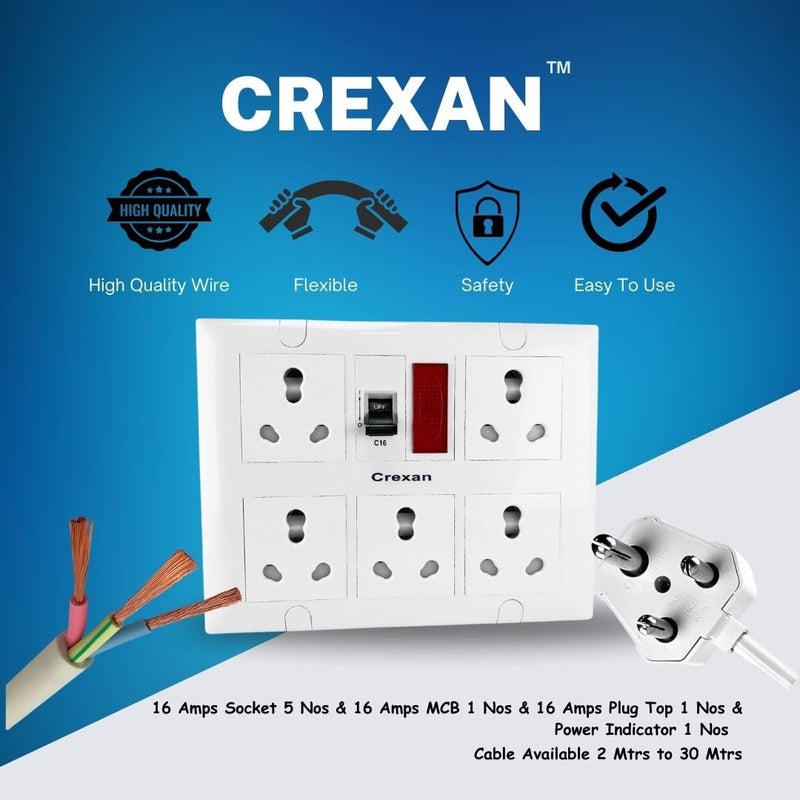 Crexan Extension Board 6A16A 15002500 Wattage with 16 Amp Socket 5nos with Safety Shutter 16A MCB with Power Indicator 25 Sqmm 3 Core White Copper Wire 2500 Wattage 16A Big Plug 20 Meter - Image 2
