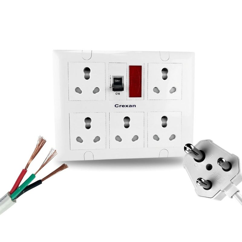 Crexan Extension Board 6A16A 15002500 Wattage with 16 Amp Socket 5nos with Safety Shutter 16A MCB with Power Indicator 25 Sqmm 3 Core White Copper Wire 2500 Wattage 16A Big Plug 20 Meter - Image 4