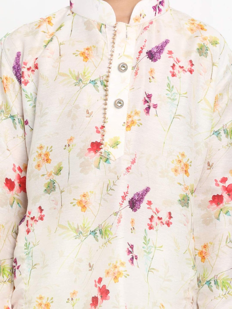 JBN Creation Vastramay Boys' Perfect Spring Edit Floral Design Digitally Printed Kurta with Bling Buttons & Singara Border, Relaxed Pyjama Set For Ethnic & Festive Occasions - Image 3