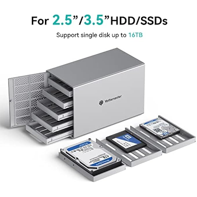Yottamaster 5 BAY HARD DRIVE ENCLOSURE FOR 2.5/3.5-INCH HDD/SSD, ALUMINUM 5 BAY USB3.0 HDD ENCLOSURE SUPPORT 5X16TB SUITABLE FOR HOME/OFFICE PERSONAL STORAGE, WITH 80MM SILENT FAN - Image 2