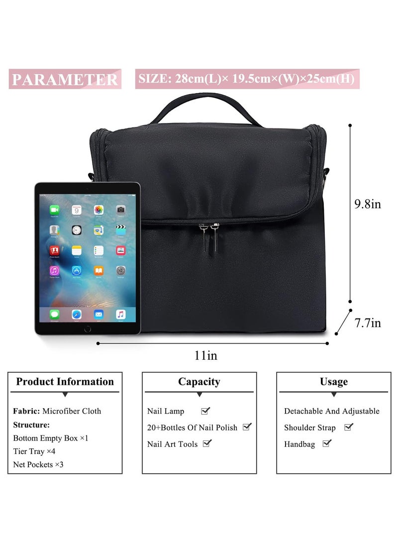 Large Makeup Carrying Train Case for Women Travel Tools Bag Waterproof Storage Box 4 Tier Professional Nail Organizer Case with Adjustable High-capacity Dividers for Nail Tools Jewelry Brushes Toiletry (Black) - Image 5