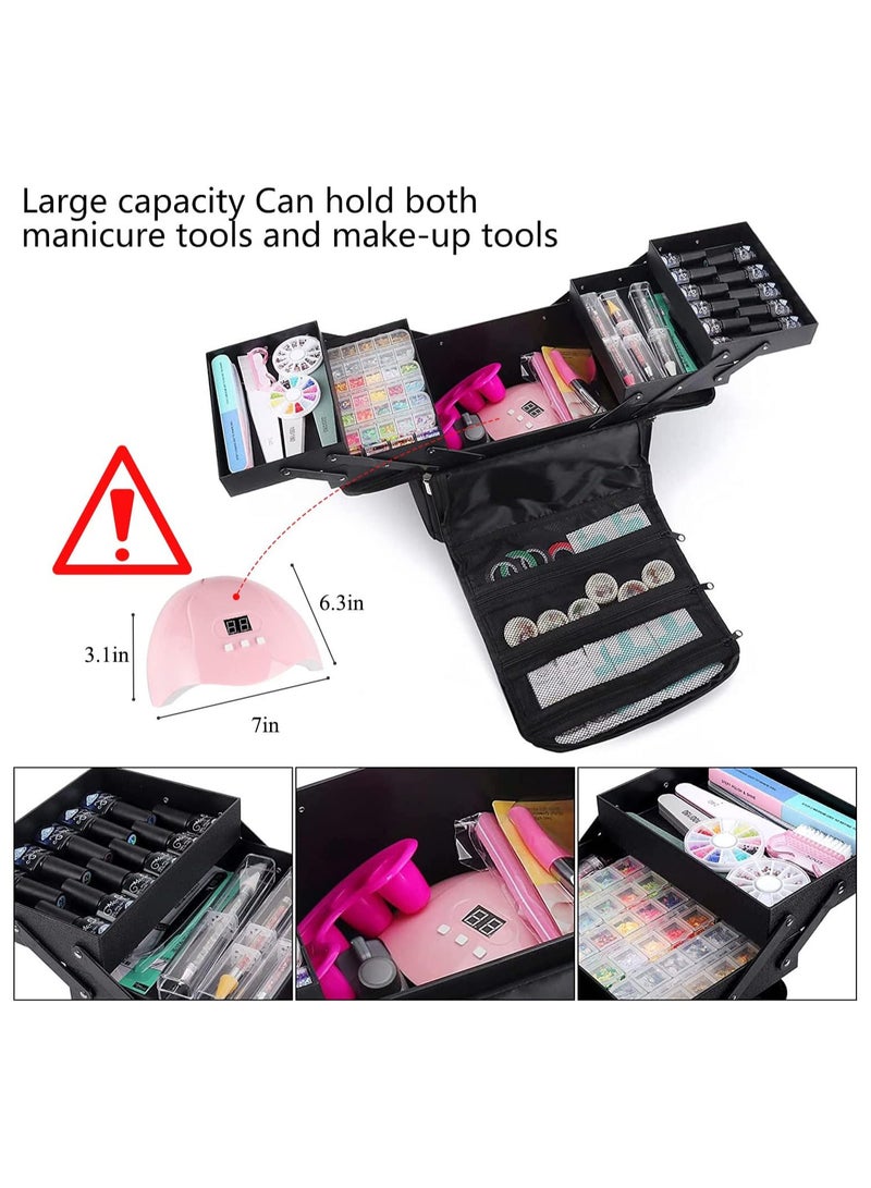 Large Makeup Carrying Train Case for Women Travel Tools Bag Waterproof Storage Box 4 Tier Professional Nail Organizer Case with Adjustable High-capacity Dividers for Nail Tools Jewelry Brushes Toiletry (Black) - Image 3