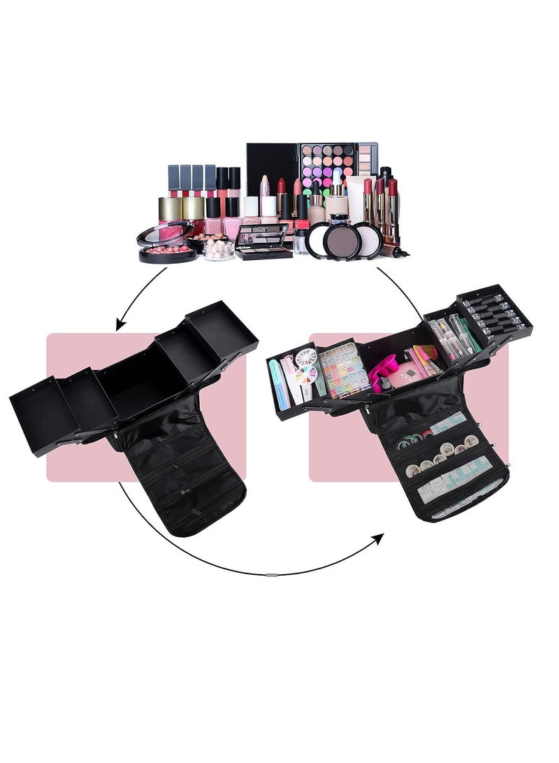 Large Makeup Carrying Train Case for Women Travel Tools Bag Waterproof Storage Box 4 Tier Professional Nail Organizer Case with Adjustable High-capacity Dividers for Nail Tools Jewelry Brushes Toiletry (Black) - Image 2