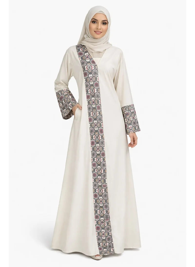 اوفيليا عباية بيج أنيقة مع تطريز بنقشة زهور – تصميم دبي فاخر للمناسبات ورمضان والعيد