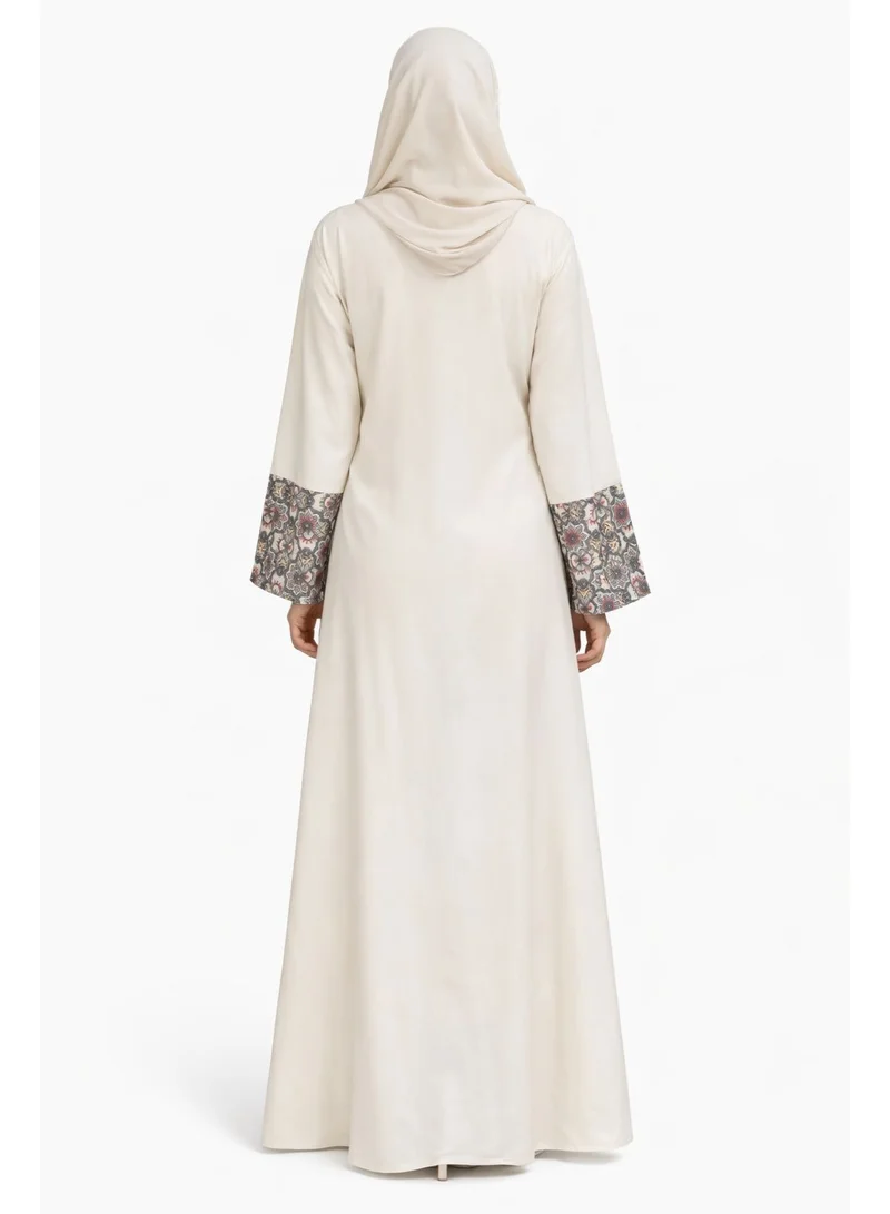 اوفيليا عباية بيج أنيقة مع تطريز بنقشة زهور – تصميم دبي فاخر للمناسبات ورمضان والعيد