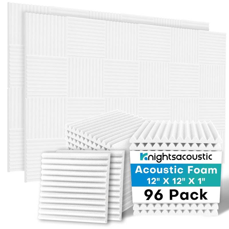 Knightsacoustic 96 Pack Sound Proof Foam Panels for Walls, 1 X 12 X 12 Inches Acoustic Foam Panels, High Density Acoustic Panels Sound Absorbing, Noise Cancelling Studio Wedges, White (NOT INCLUDE ADHESIVE) - Image 1