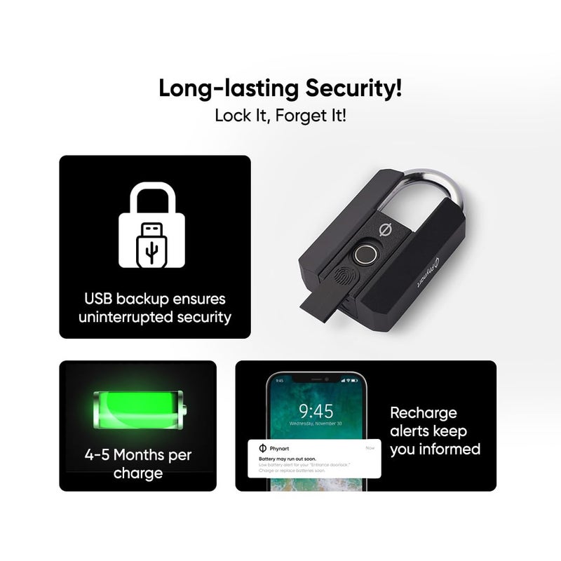 Phynart Phynart Titan Mini X Smart Biometric Padlock Durable Versatile and Secure Lock with Fingerprint Access for Backpacks Suitcases Doors Cycles and Lockers  - Image 3