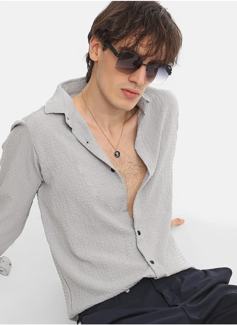 Campus Sutra Men's Ash Grey Cubic-Seersucker Shirt