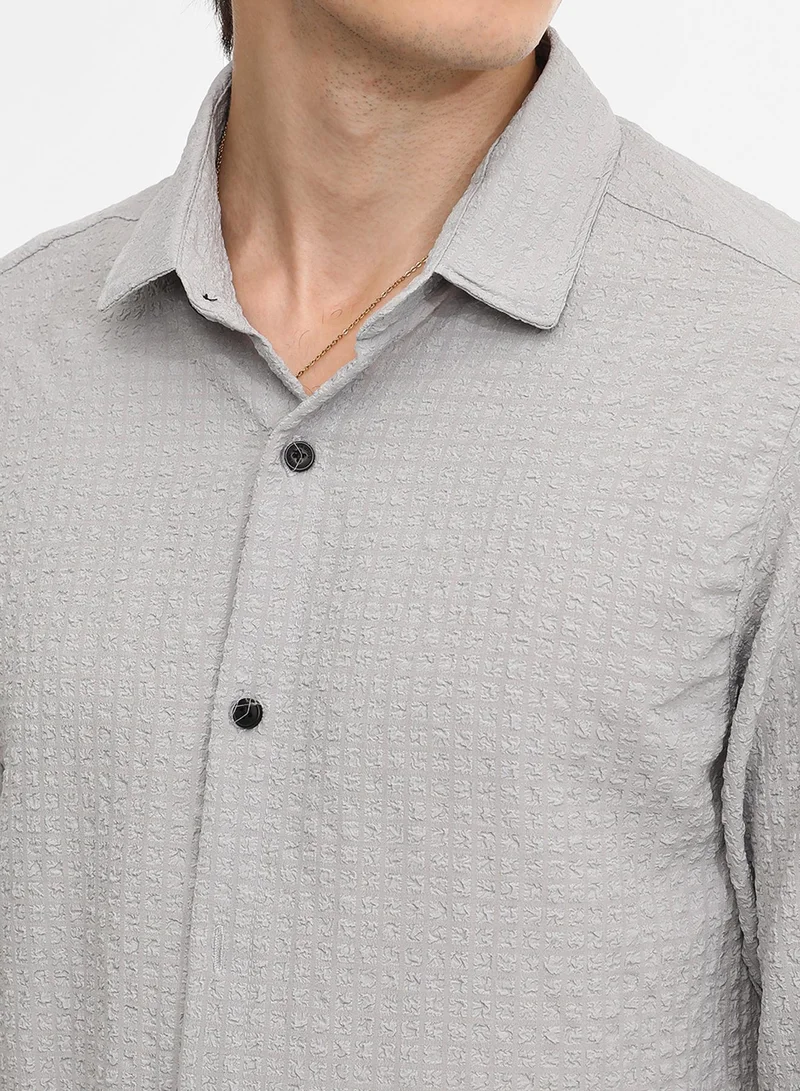 Campus Sutra Men's Ash Grey Cubic-Seersucker Shirt