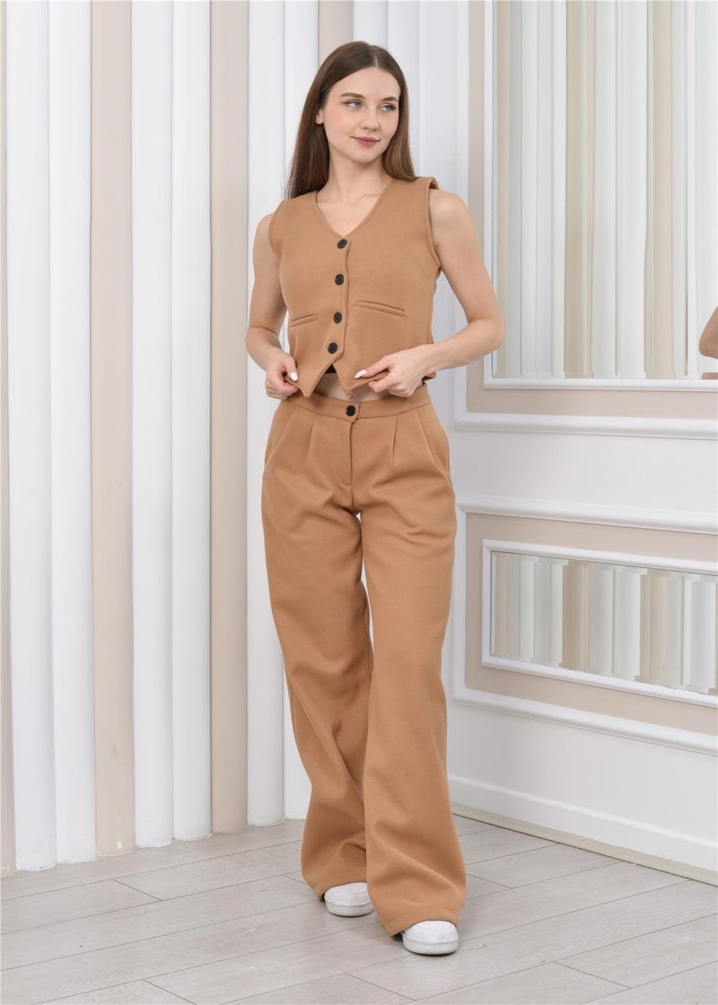 Nuseel Women's Cashmere Trousers & Vest Winter Two Piece Set Tan  - Image 3