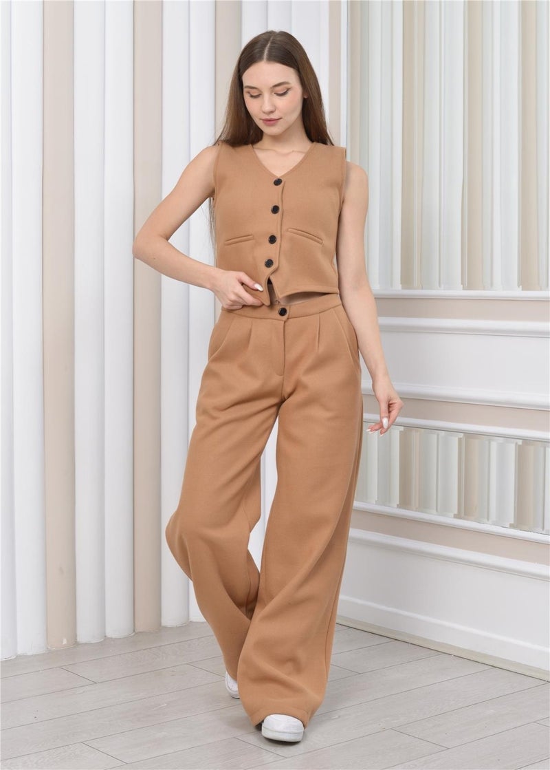 Nuseel Women's Cashmere Trousers & Vest Winter Two Piece Set Tan  - Image 4