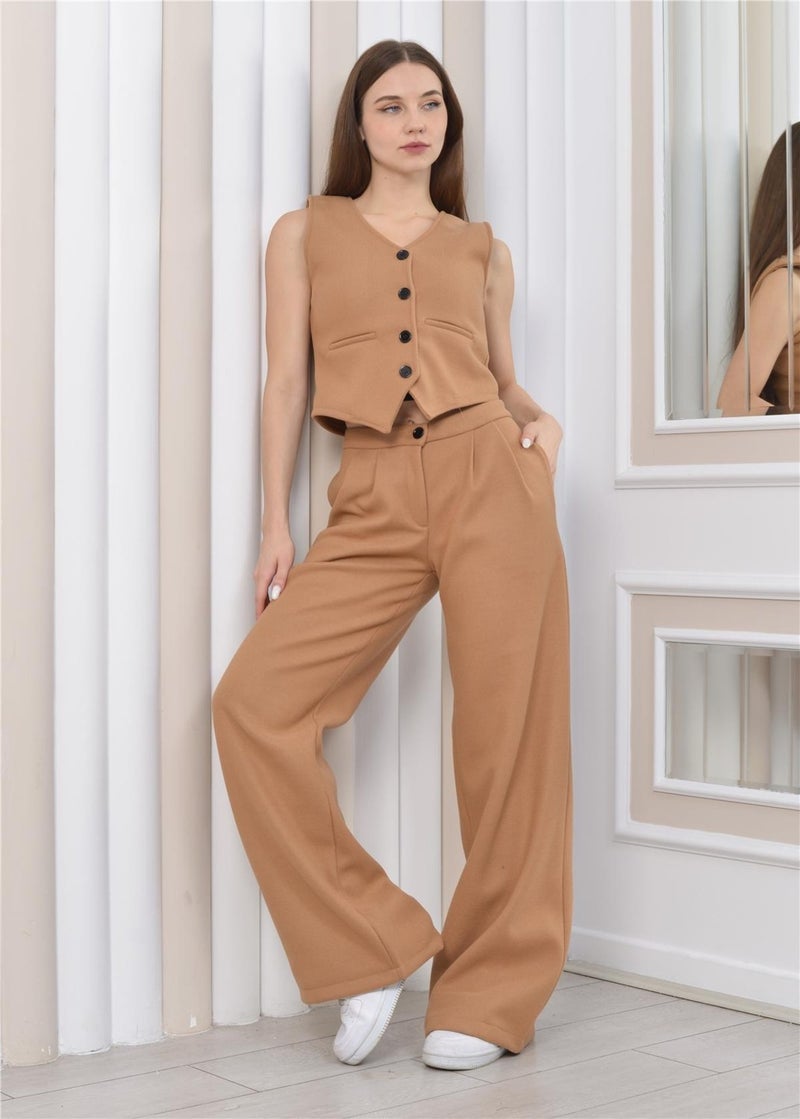 Nuseel Women's Cashmere Trousers & Vest Winter Two Piece Set Tan  - Image 5