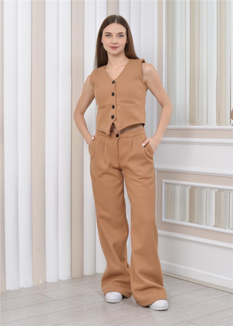 Nuseel Women's Cashmere Trousers & Vest Winter Two Piece Set Tan  - Image 1