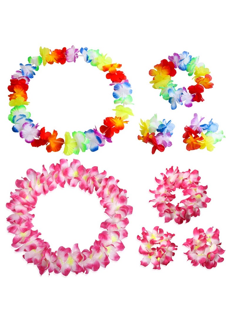 YAXAMING - Hawaiian Leis Luau Tropical Headband Flower Crown Wreath Headpiece Wristbands Women Thicker Necklace Bracelets Hair Band For Summer Beach Vacation Pool Party Decorations Favors Supplies Set Rose - Image 1