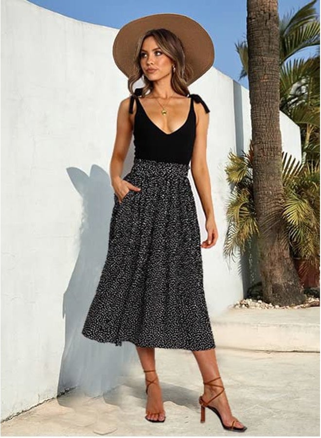 zeagoo Women's Midi Skirts High Waisted Pleated A-Line Swing Skirts Summer Floral Long Skirts with Pockets, Blcack Floral, S - Image 3