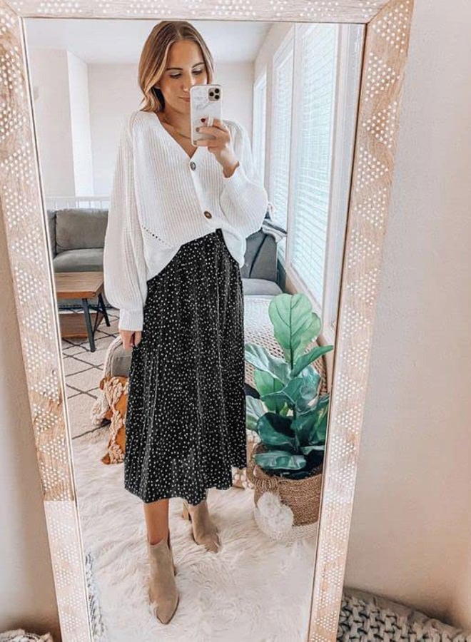 zeagoo Women's Midi Skirts High Waisted Pleated A-Line Swing Skirts Summer Floral Long Skirts with Pockets, Blcack Floral, S - Image 5