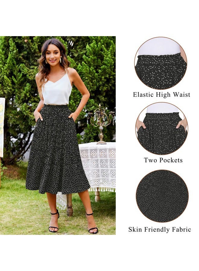 zeagoo Women's Midi Skirts High Waisted Pleated A-Line Swing Skirts Summer Floral Long Skirts with Pockets, Blcack Floral, S - Image 4