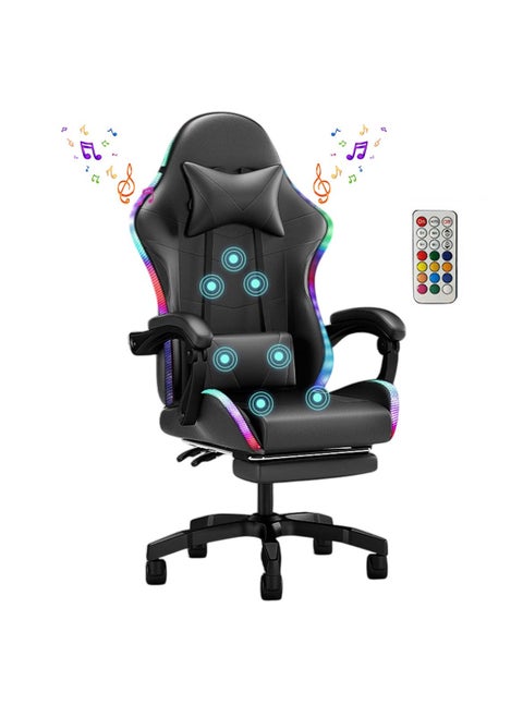 Ergonomic Gaming Chair with Footrest, 7-Point Massage, and LED Lights Bluetooth Black