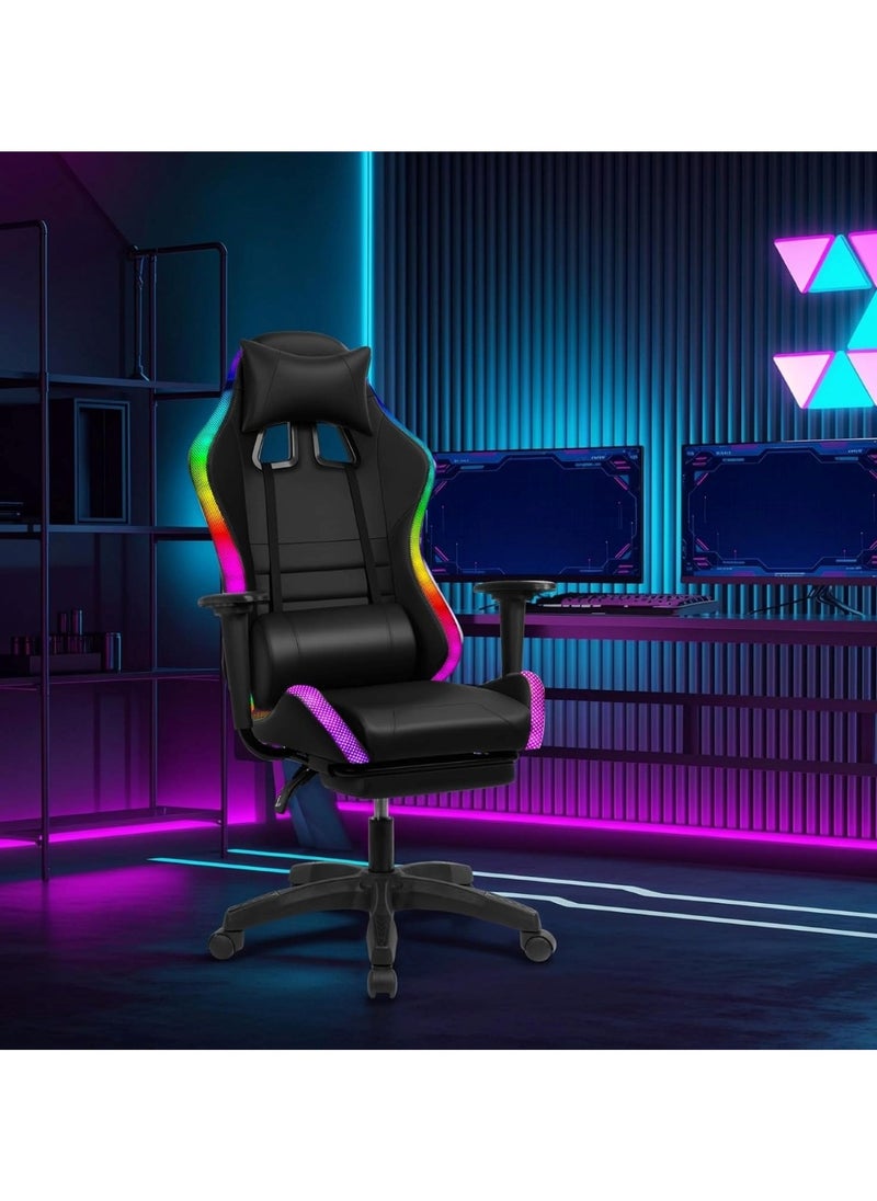 Huitich - Ergonomic Gaming Chair with Footrest, 7-Point Massage, and LED Lights Bluetooth Black - Image 1